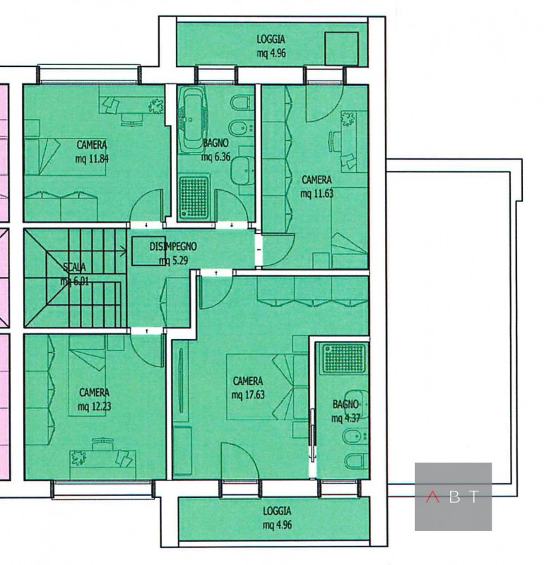 Porzione di bifaigliare e composta di: ingresso, soggiorno di 40 mq, cucina, quattro camere, tre ...