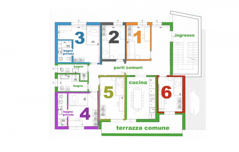 Camera con bagno, per una persona, arredi nuovi. Ideale per lavoratrici o studentesse. Pianta all...